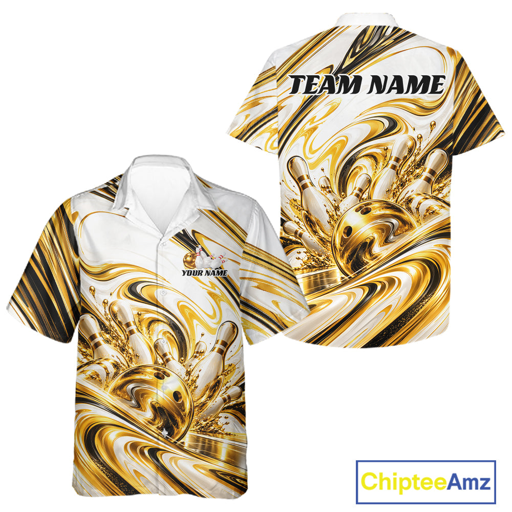 Custom White And Gold Marble Bowling Team Men And Women Button Up Shirt Bowling Tournament Outfit IPHW12825