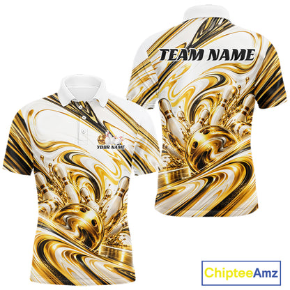Custom White And Gold Marble Bowling Team Men Polo Shirt Bowling Tournament Outfit IPHW12825