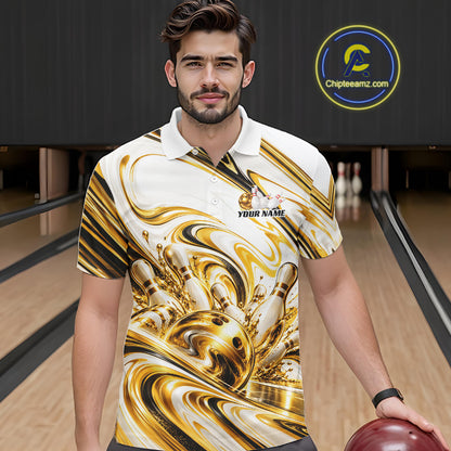 Custom White And Gold Marble Bowling Team Men Polo Shirt Bowling Tournament Outfit IPHW12825