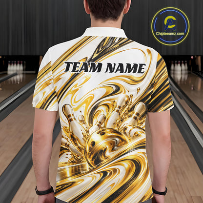 Custom White And Gold Marble Bowling Team Men Polo Shirt Bowling Tournament Outfit IPHW12825
