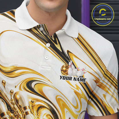 Custom White And Gold Marble Bowling Team Men Polo Shirt Bowling Tournament Outfit IPHW12825