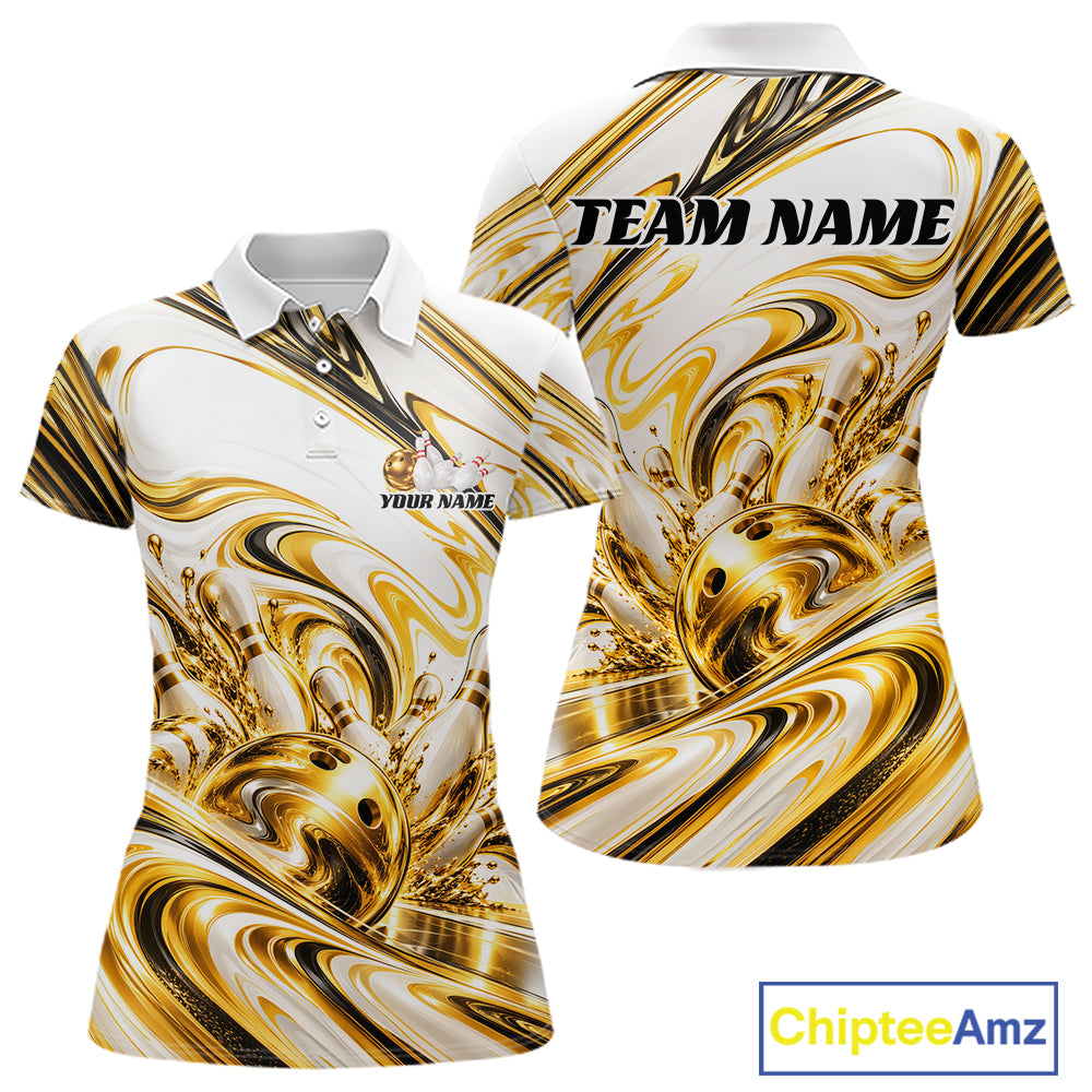 Custom White And Gold Marble Bowling Team Women Polo Shirt Bowling Tournament Outfit IPHW12825