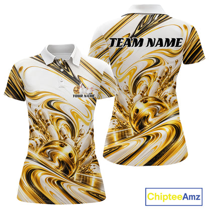 Custom White And Gold Marble Bowling Team Women Polo Shirt Bowling Tournament Outfit IPHW12825