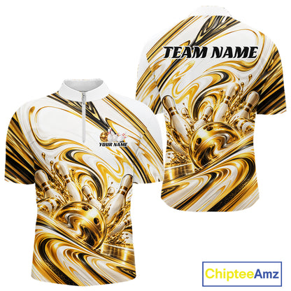 Custom White And Gold Marble Bowling Team Men Quarter Zip Shirt Bowling Tournament Outfit IPHW12825