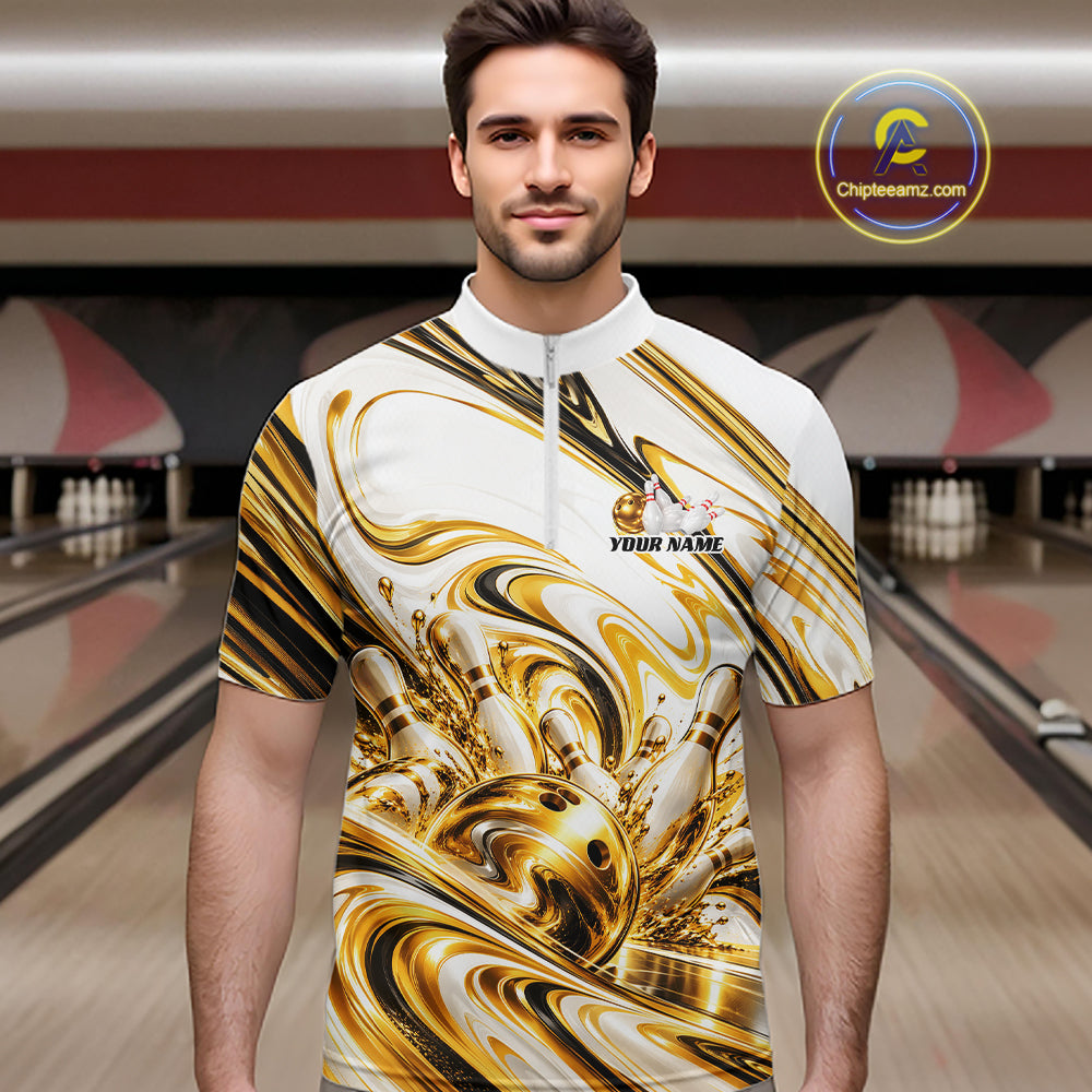 Custom White And Gold Marble Bowling Team Men Quarter Zip Shirt Bowling Tournament Outfit IPHW12825