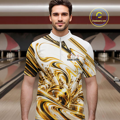 Custom White And Gold Marble Bowling Team Men Quarter Zip Shirt Bowling Tournament Outfit IPHW12825