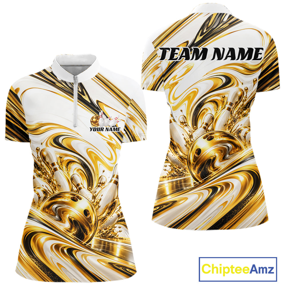 Custom White And Gold Marble Bowling Women Quarter-Zip Shirt Bowling Tournament Outfit IPHW12825