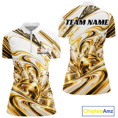 Custom White And Gold Marble Bowling Women Quarter-Zip Shirt Bowling Tournament Outfit IPHW12825