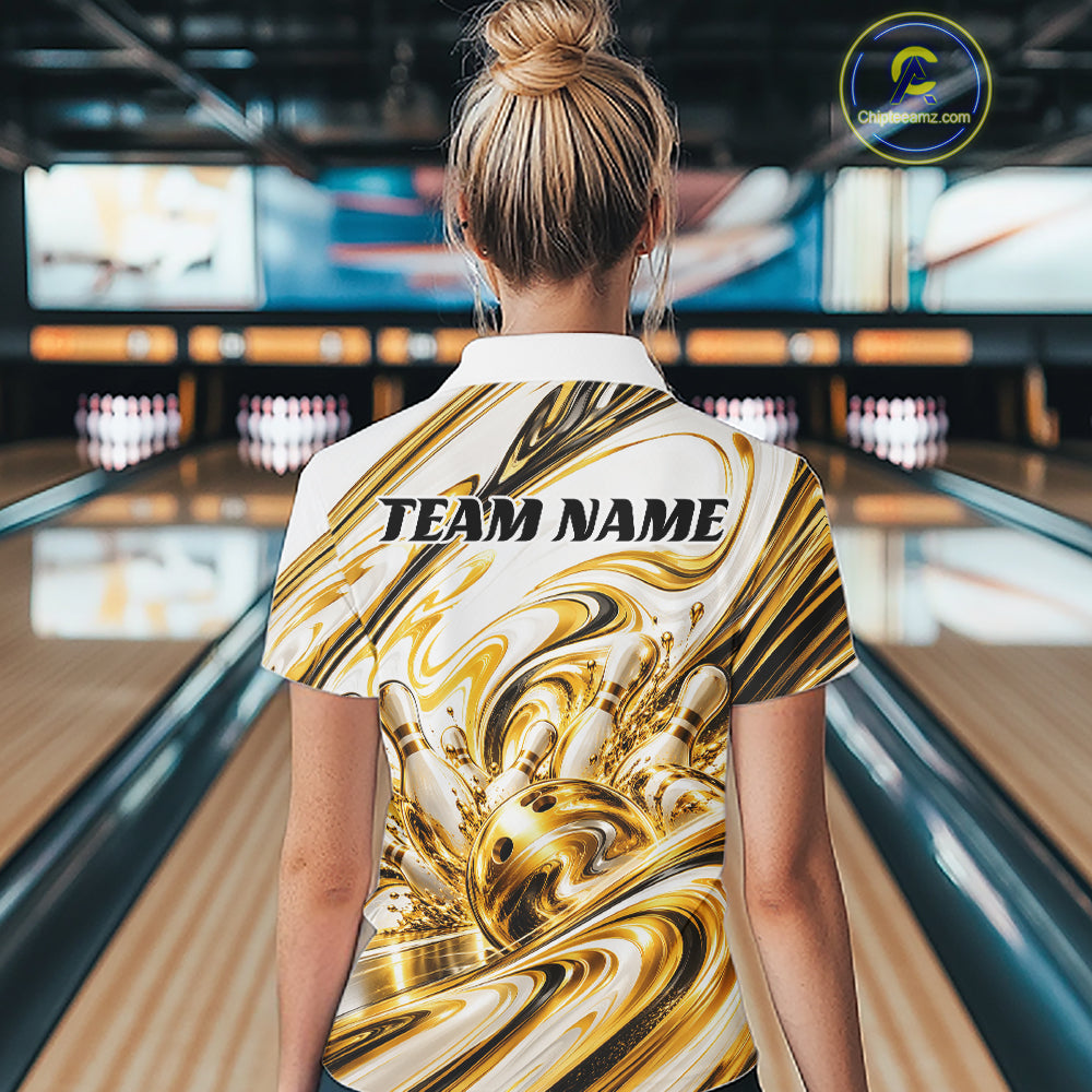 Custom White And Gold Marble Bowling Women Quarter-Zip Shirt Bowling Tournament Outfit IPHW12825