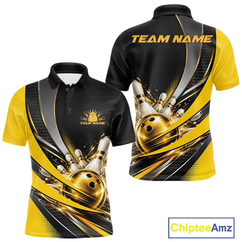 Custom Black And Gold Bowling Jersey For Men, Bowling League Team Polo Shirt IPHW12828