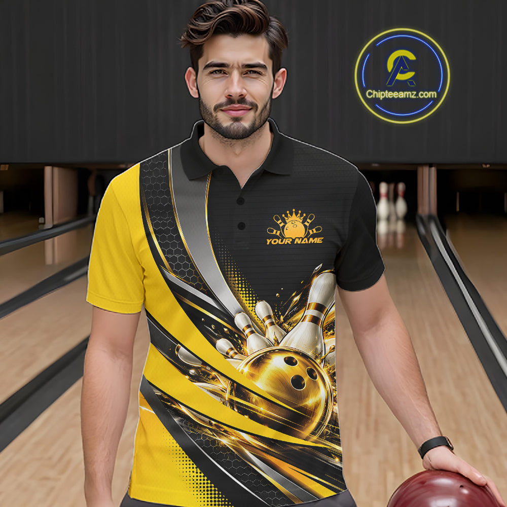 Custom Black And Gold Bowling Jersey For Men, Bowling League Team Polo Shirt IPHW12828