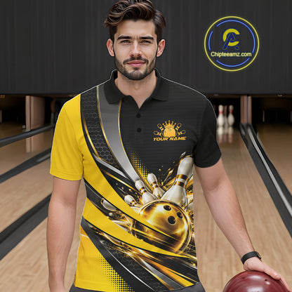 Custom Black And Gold Bowling Jersey For Men, Bowling League Team Polo Shirt IPHW12828
