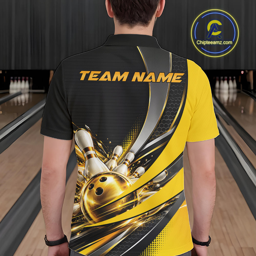 Custom Black And Gold Bowling Jersey For Men, Bowling League Team Polo Shirt IPHW12828