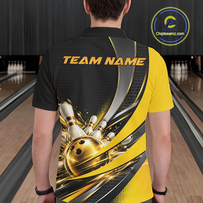 Custom Black And Gold Bowling Jersey For Men, Bowling League Team Polo Shirt IPHW12828