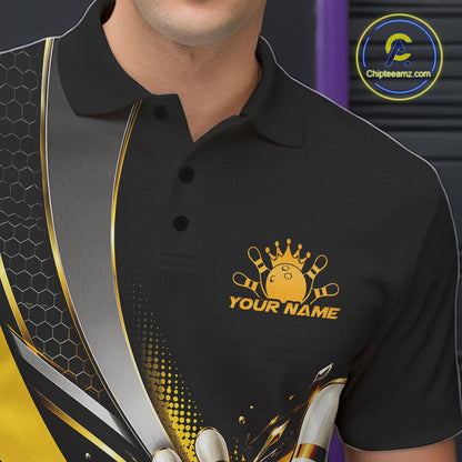 Custom Black And Gold Bowling Jersey For Men, Bowling League Team Polo Shirt IPHW12828