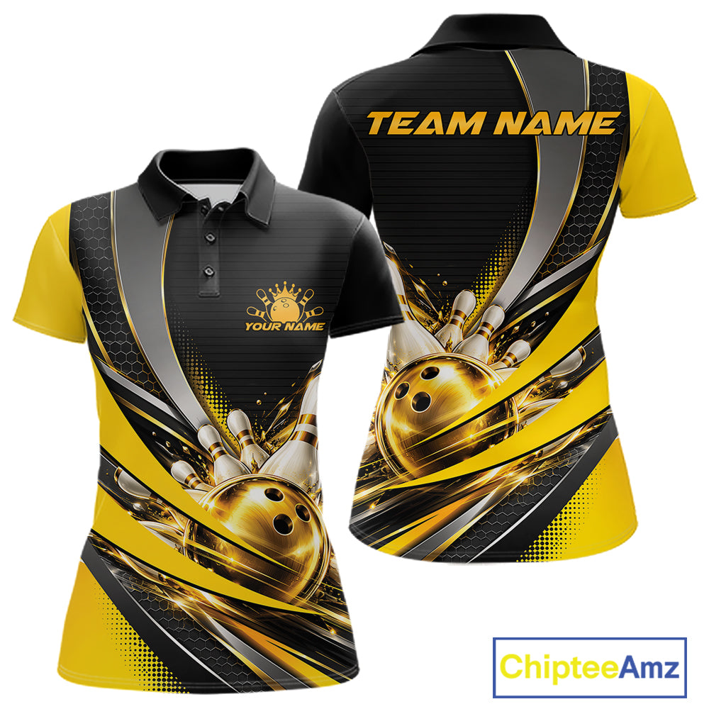 Custom Black And Gold Bowling Jersey For Women, Bowling League Team Polo Shirt IPHW12828
