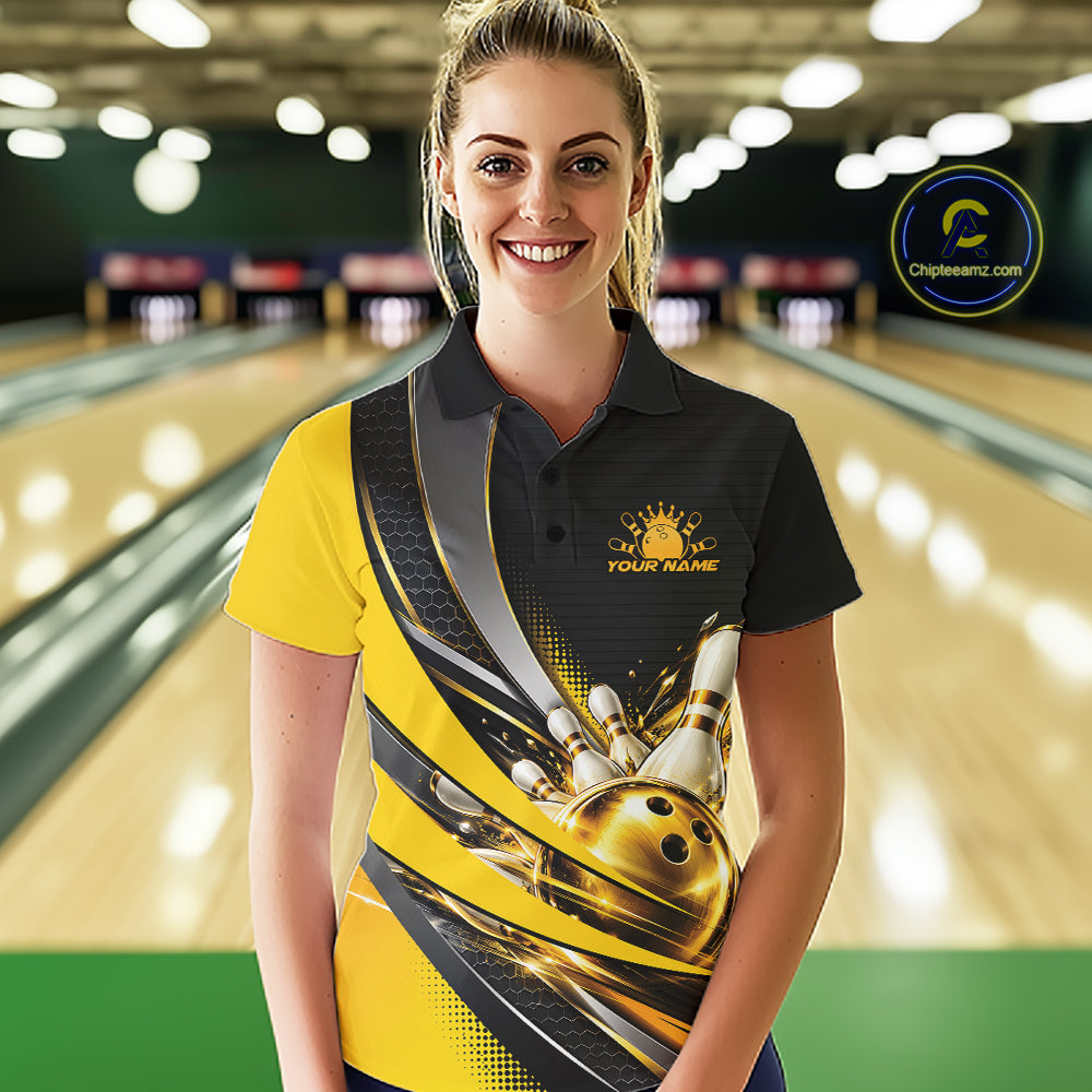 Custom Black And Gold Bowling Jersey For Women, Bowling League Team Polo Shirt IPHW12828
