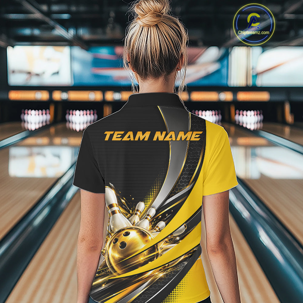 Custom Black And Gold Bowling Jersey For Women, Bowling League Team Polo Shirt IPHW12828