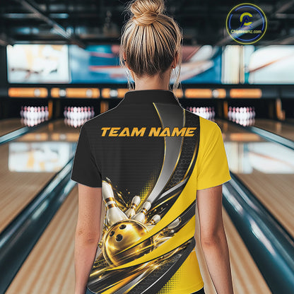 Custom Black And Gold Bowling Jersey For Women, Bowling League Team Polo Shirt IPHW12828