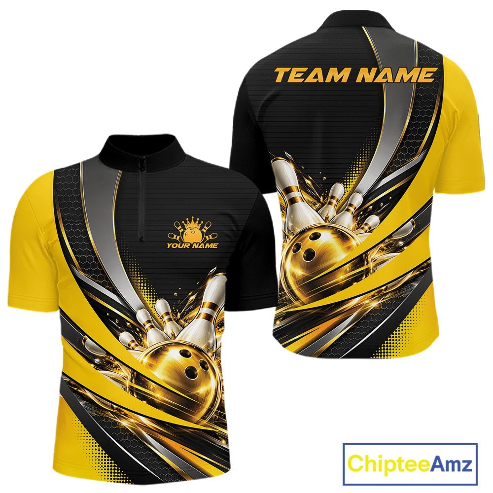 Custom Black And Gold Bowling Jersey For Men, Bowling League Team Quarter Zip Shirt IPHW12828
