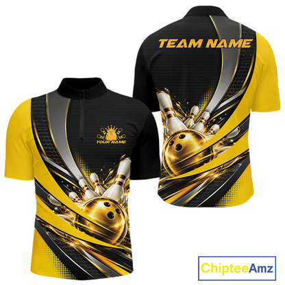 Custom Black And Gold Bowling Jersey For Men, Bowling League Team Quarter Zip Shirt IPHW12828