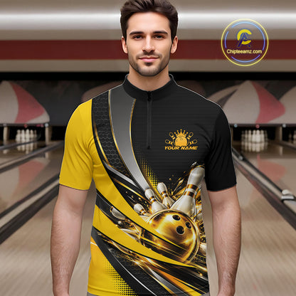 Custom Black And Gold Bowling Jersey For Men, Bowling League Team Quarter Zip Shirt IPHW12828
