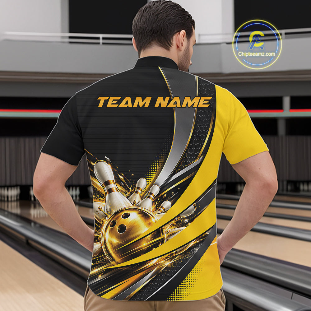 Custom Black And Gold Bowling Jersey For Men, Bowling League Team Quarter Zip Shirt IPHW12828