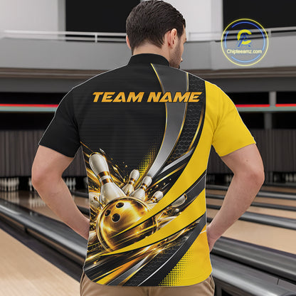 Custom Black And Gold Bowling Jersey For Men, Bowling League Team Quarter Zip Shirt IPHW12828