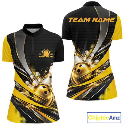 Custom Black And Gold Bowling Jersey For Women, Bowling League Team Quarter-Zip Shirt IPHW12828