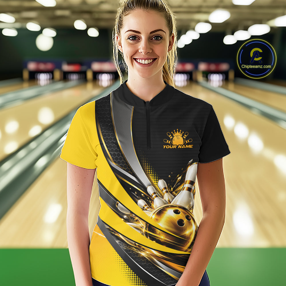 Custom Black And Gold Bowling Jersey For Women, Bowling League Team Quarter-Zip Shirt IPHW12828