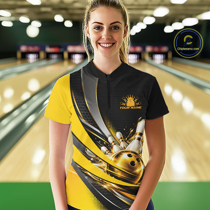 Custom Black And Gold Bowling Jersey For Women, Bowling League Team Quarter-Zip Shirt IPHW12828