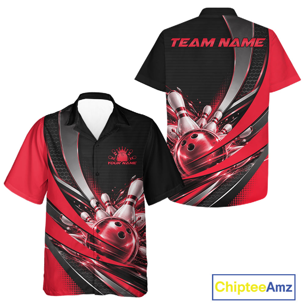 Custom Black And Red Bowling Jersey For Men And Women, Bowling League Team Button Up Shirt IPHW12829