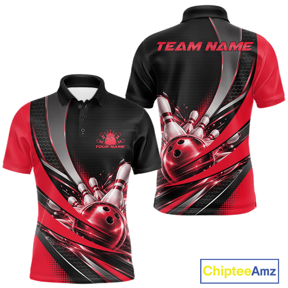 Custom Black And Red Bowling Jersey For Men, Bowling League Team Polo Shirt IPHW12829