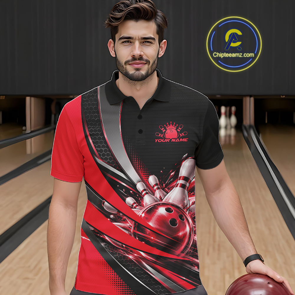 Custom Black And Red Bowling Jersey For Men, Bowling League Team Polo Shirt IPHW12829