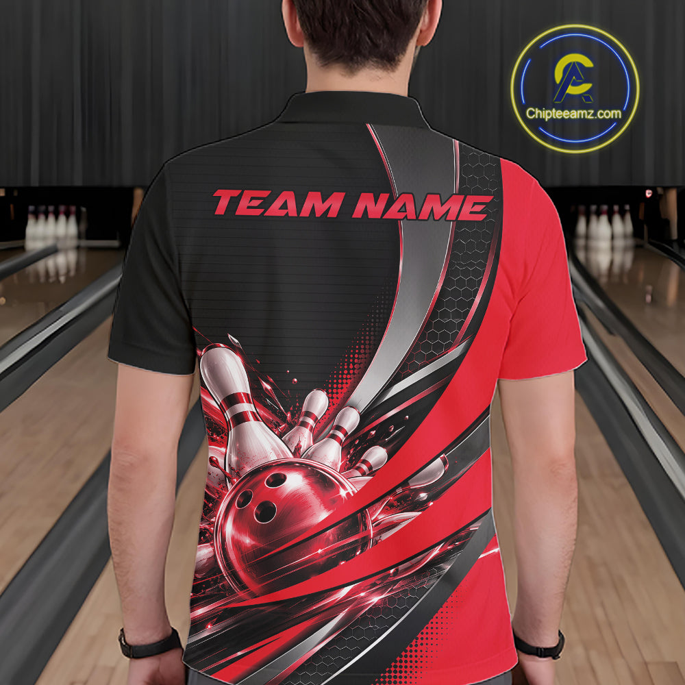 Custom Black And Red Bowling Jersey For Men, Bowling League Team Polo Shirt IPHW12829