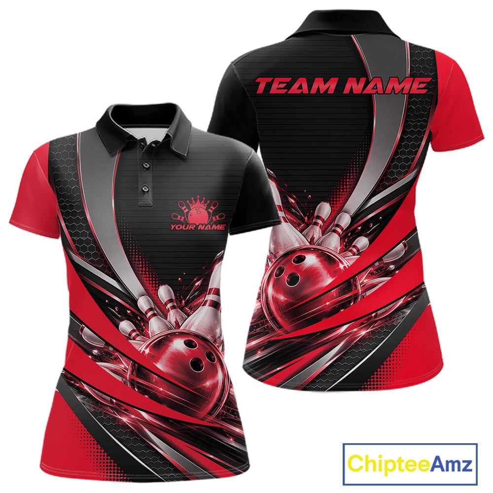 Custom Black And Red Bowling Jersey For Women, Bowling League Team Polo Shirt IPHW12829