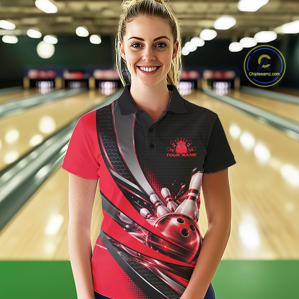 Custom Black And Red Bowling Jersey For Women, Bowling League Team Polo Shirt IPHW12829