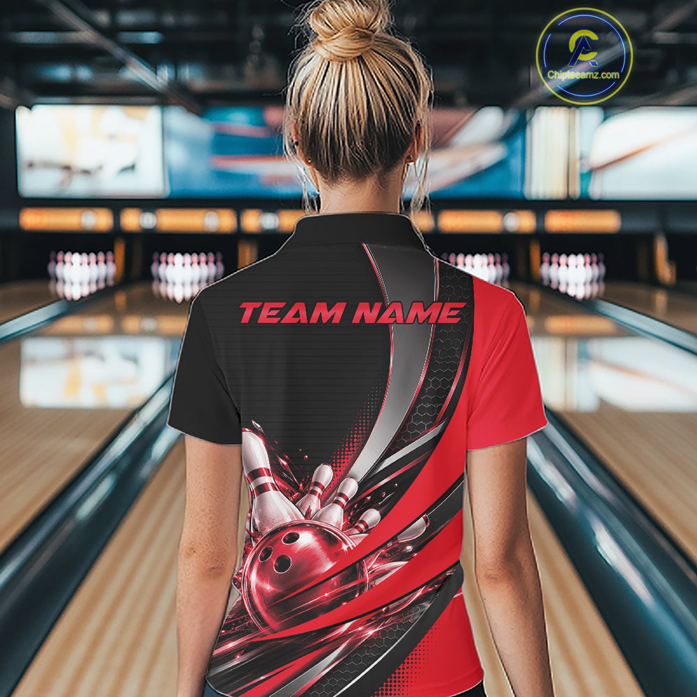 Custom Black And Red Bowling Jersey For Women, Bowling League Team Polo Shirt IPHW12829