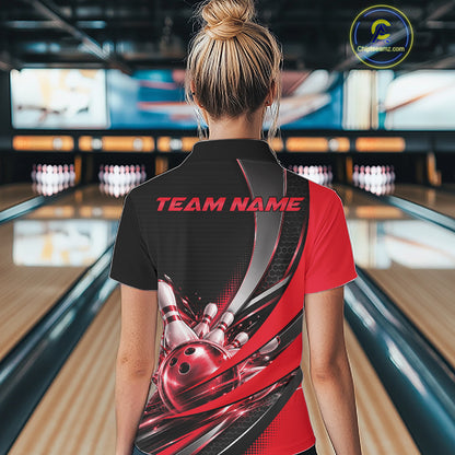 Custom Black And Red Bowling Jersey For Women, Bowling League Team Polo Shirt IPHW12829