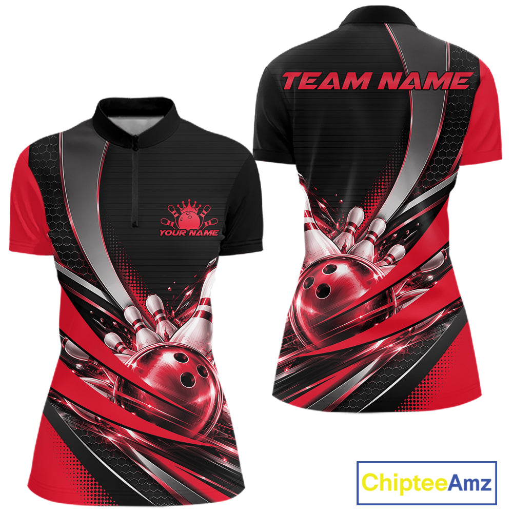 Custom Black And Red Bowling Jersey For Women, Bowling League Team Quarter-Zip Shirt IPHW12829