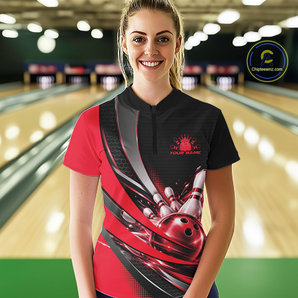 Custom Black And Red Bowling Jersey For Women, Bowling League Team Quarter-Zip Shirt IPHW12829