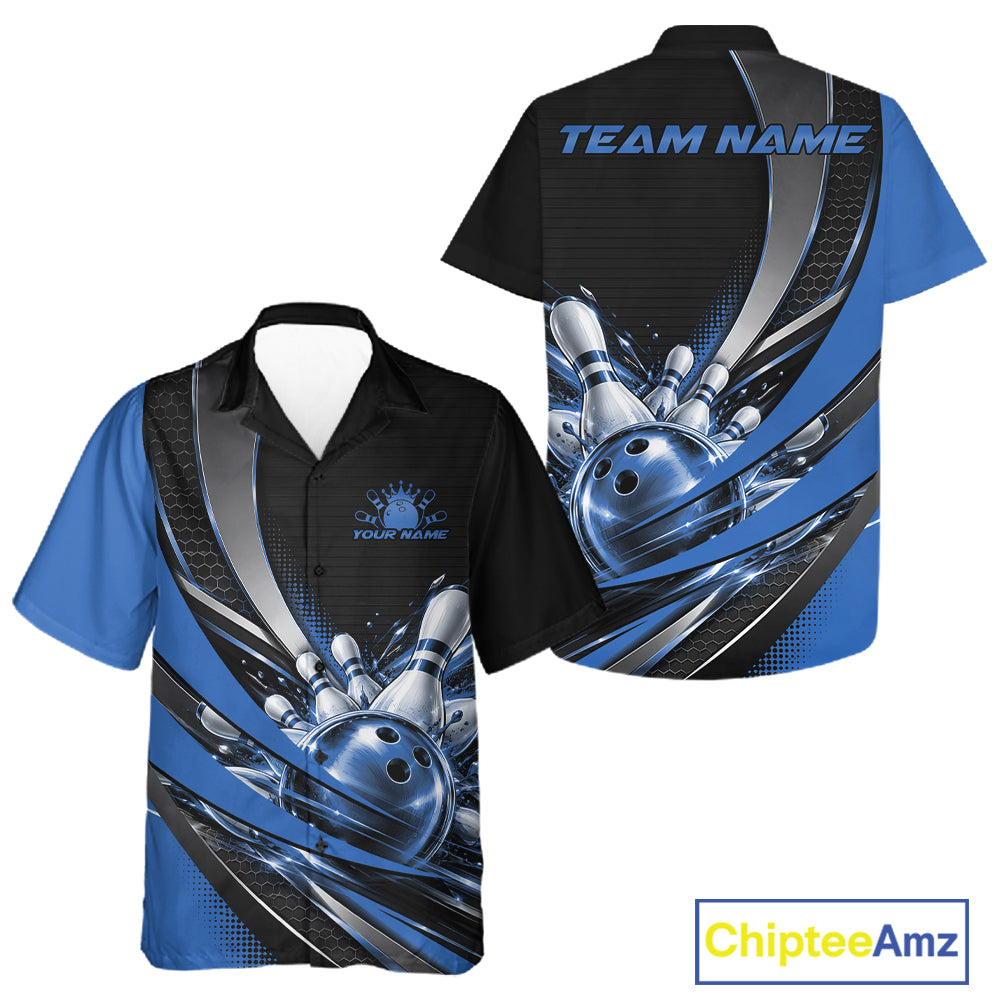 Custom Black And Blue Bowling Jersey For Men And Women, Bowling League Team Button Up Shirt IPHW12830