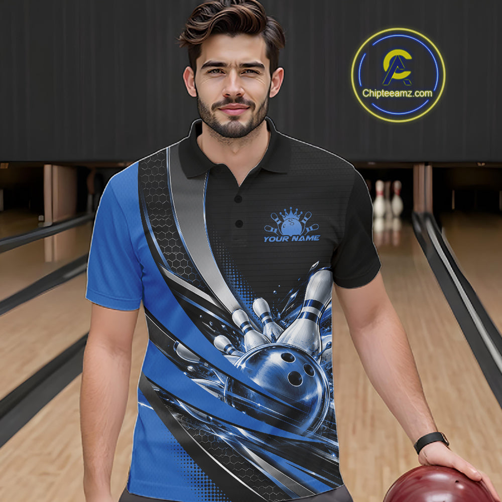Custom Black And Blue Bowling Jersey For Men, Bowling League Team Polo Shirt IPHW12830