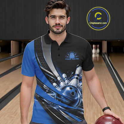 Custom Black And Blue Bowling Jersey For Men, Bowling League Team Polo Shirt IPHW12830