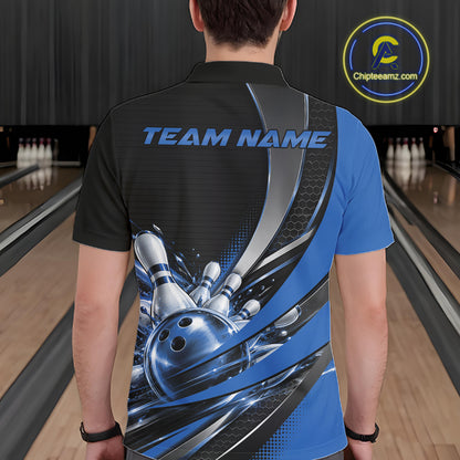 Custom Black And Blue Bowling Jersey For Men, Bowling League Team Polo Shirt IPHW12830