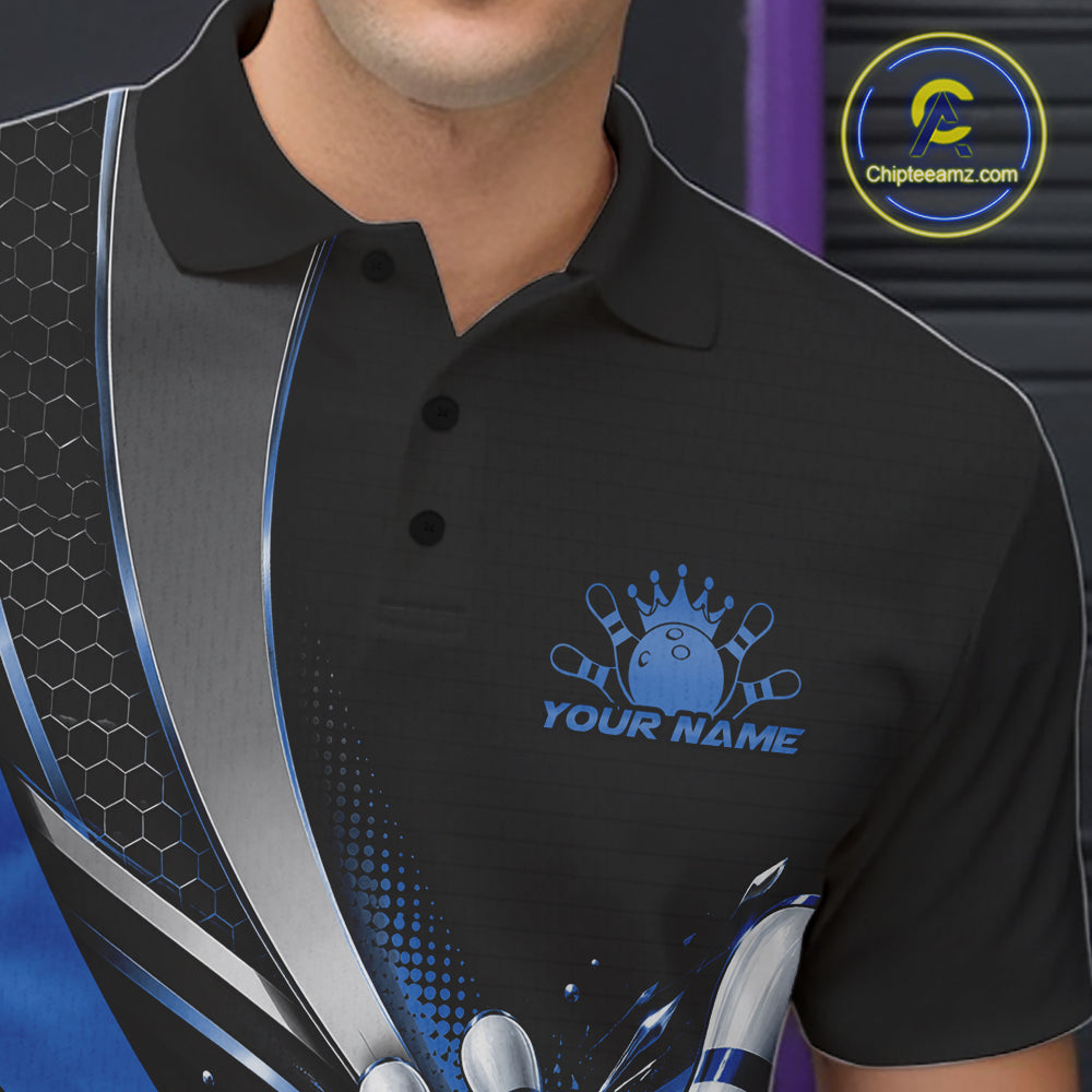 Custom Black And Blue Bowling Jersey For Men, Bowling League Team Polo Shirt IPHW12830