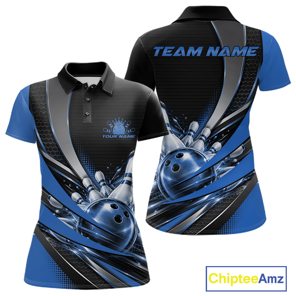 Custom Black And Blue Bowling Jersey For Women, Bowling League Team Polo Shirt IPHW12830