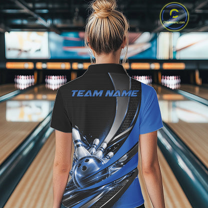 Custom Black And Blue Bowling Jersey For Women, Bowling League Team Polo Shirt IPHW12830