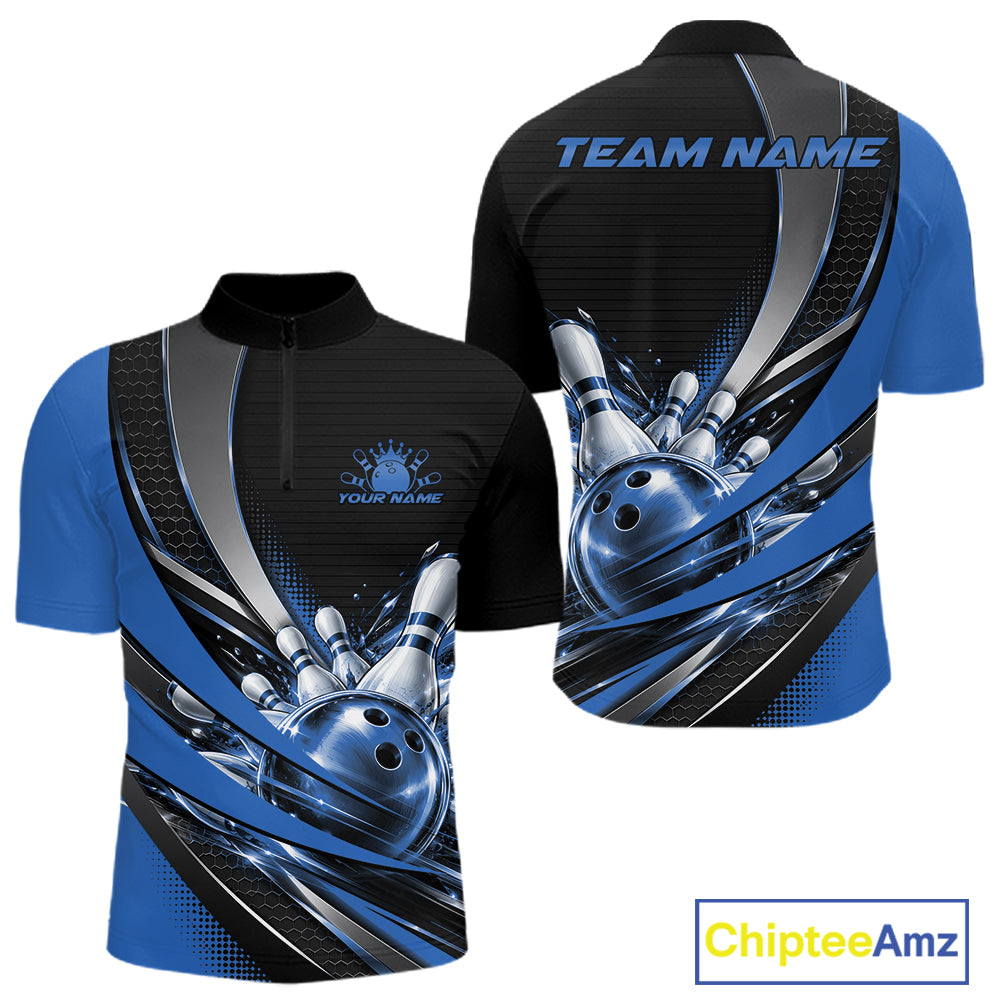 Custom Black And Blue Bowling Jersey For Men, Bowling League Team Quarter Zip Shirt IPHW12830