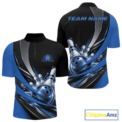 Custom Black And Blue Bowling Jersey For Men, Bowling League Team Quarter Zip Shirt IPHW12830